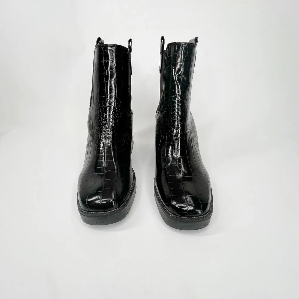 NASTY GAL Croc Square Toe Heeled Black Ankle Boots 8